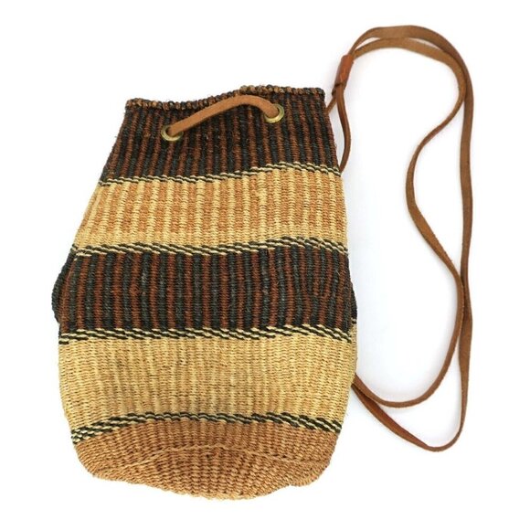 Handmade Woven Sisal Jute Leather Market Bag Bucket Backpack Sling Purse - Picture 2 of 3